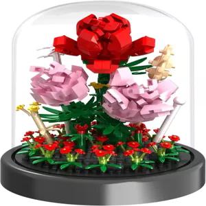 꽃다발 빌딩 키트 524개 미니 벽돌 블록 세트 먼지 덮개가 있는 영원한 장미 장식 꽃 엄마 여성을 위한