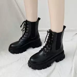 여성 레이스업 워커 부츠 통굽 플랫폼 사이드 지퍼 미들탑 데일리 전투화 신발