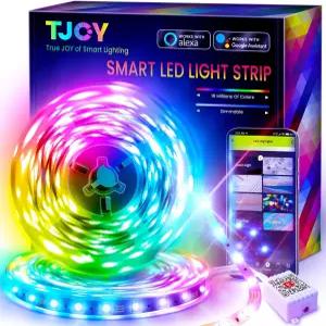 침실용 TJOY 50피트 스마트 LED 스트립 조명 알렉사 5050 RGB 색상 변경 음악 동기화 앱 리모컨 멀티 컬러