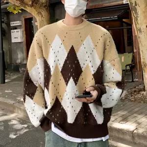 남성 사각 아가일 패턴 베이직 외출 패션 도톰 짜임 라운드 긴팔 니트 티셔츠브이넥 브이 남자 무지 오버핏