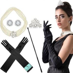 유토피아 오드리에서 영감을 받은 5피스 코스튬 주얼리 세트 u2013 진주 목걸이 귀걸이 티아라 블랙 새틴 오페라 장갑 홀더 빈티지 할리우드 홀리 골라이틀리 액세서리 여성용