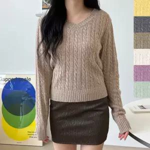 여성 브이넥 간절기 외출 패션 꽈배기 니트 티셔츠 오버핏 오버 여자상의 상의 가을 겨울