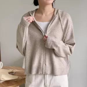 여자 박스핏 비스코스 후드집업 세미크롭 니트 가디건