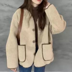 여성 캐주얼 배색 노카라 뽀글이 양털 루즈핏 카디건