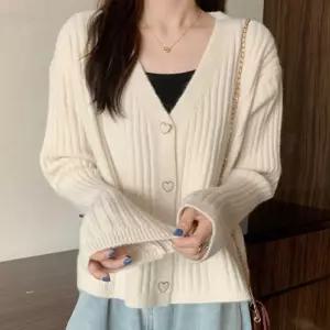 하트버튼 브이넥 니트가디건 봄겨울 퍼프소매 캐주얼여성가을 간절기 예쁜 카디건 학생 롱가디건 라운드 셔