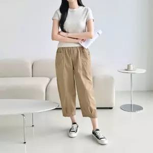 워싱면 키키얀 더블포켓 밑단주름 8부바지 데일리코디무지티 이지룩 여성하의 꾸안꾸 네이비팬츠 심플 오피