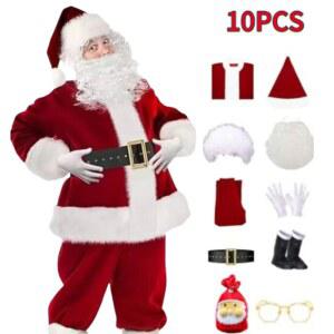 산타 클로스 골드 프레 벨벳 따뜻한 의상 캐릭터 성인 세트 크리스마스 남자 의류