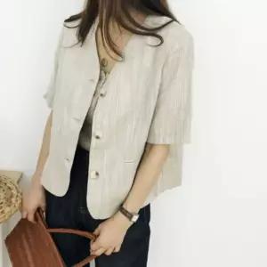 여성 반팔 자켓 노카라 크롭재킷 브이넥 린넨자켓 리넨 린넨