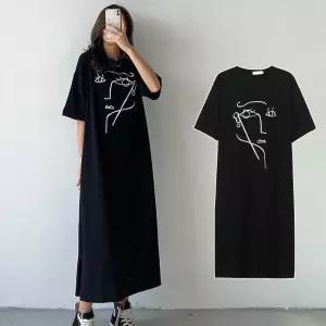 여자 유니크한 페이스 그래픽 라운드 반팔 원피스 플라워 카라 미니 프릴 여름 여성 면원피스 나시 브이넥