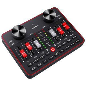 오디오 믹서 PC/폰용 사운드 보드 라이브 스트리밍 노래 게임 3.5mm 마이크용 오디오 인터페이스 DJ 믹서 이펙트 보이스 체인저가 포함된 라이브 사운드 카드 노이즈 제거 블루투스 팟캐스트 믹서