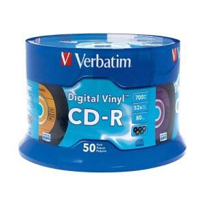 버바팀 CD-R 블랭크 디스크 700MB 80분 52배 디지털 바이닐 표면 포함 데이터 및 음악 녹음 가능 - 50PK 스핀들 블루 / 그린 오렌지 핑크 퍼플