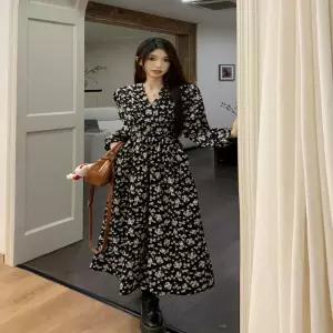 여자 랩 v넥 쉬폰 꽃무늬 패턴 긴팔 롱 원피스원피스 프릴 미니 리본 브이 휴양지 여성 쉬원피스 하객 바캉