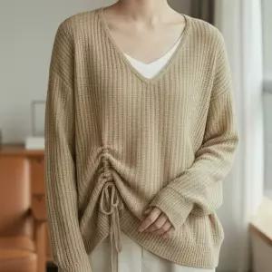 워크아워 얇은니트 브이넥 여성 골지 꽈배기 루즈핏 간절기 가을 베이지니트 회색