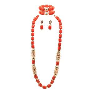 히비즈 나이지리아 웨딩 아프리카 비즈 주얼리 세트 여성 모조 코랄 비즈 골드 액세서리 36인치 길이 목걸이 귀걸이 팔찌