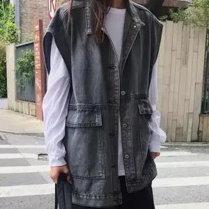 청 데님 조끼 데일리 오버핏 카라 베스트 블랙 오버 사계절 루즈 빅포켓 간절기