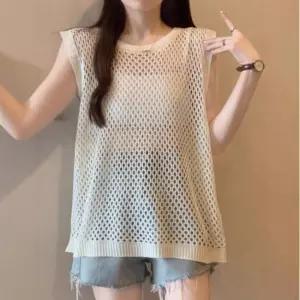 패션 아이템 통기성 좋은 그물 짜임 여성용 망사 조끼여름 레이어드 베스트 롱조끼 레이스 손뜨개 니트 조