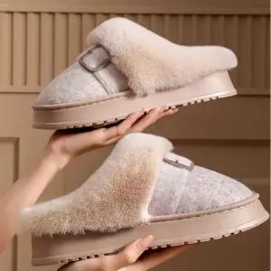 부드러운 플러시 퍼안감 벨트포인트 겨울 방한 슬리퍼귀여운 회사실내화 교사 털신발 거실 푹신한 따뜻한