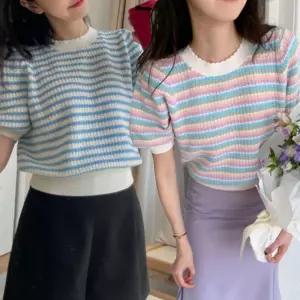 LDN-20250074스트라이프티 배색셔츠 반팔셔츠 여성셔츠 라운드 여리한핏셔츠