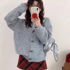 여자 귀여운 스타일 꽈배기 나무 단추 자금 포인트 라운드 니트 가디건루즈핏 꽈베기 여성 봄자켓 남자 브