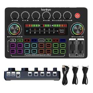 F999X 라이브 사운드 카드 프로페셔널 오디오 믹서 노이즈 감소 전자 음악 조정 배터리 디스플레이 오디오 인터페이스 음성 변환기 RGB 이펙트 게임용 DJ 믹서 / 팟캐스트 / 노래방