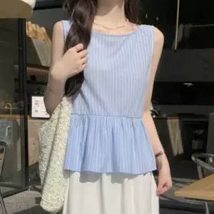 세미크롭 스트라이프 민소매 블라우스 여름 플레어핏여성 라운드넥 레어 20대 캐주얼 패션