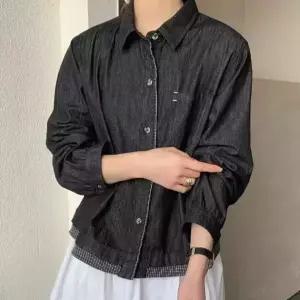 스파이더맨 여성 데님 빈티지 봄 칼라 긴팔 블레이저 셔츠 싱글 체크 OPH1