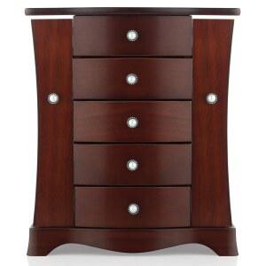 RR 라운드 리치 디자인 주얼리 박스 - 타워 스타일의 서랍 정리함 4개와 2개의 분리된 개방형 문이 있는 단단한 나무로 제작되었으며 양쪽에는 큰 거울 브라운이 있습니다