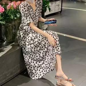 여성 크로바 패턴 여름 브이넥 허리 조절끈 원피스꽃무늬 미니 랩원피스 리본 원피스 쉬폰 프릴