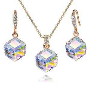 여성용 EVEVIC 컬러풀 큐빅 오스트리아 크리스탈 펜던트 목걸이 귀걸이 14K 골드 도금 저자극 주얼리 세트