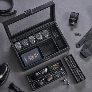 프로케이스 남성용 주얼리 박스 5슬롯 우드 워치 디스플레이 케이스 주얼리 보관함 선글라스 링 액세서리 숨겨진 수납공간 포함 유리 뚜껑 포함 시계 홀더 남성용 선물 -블랙