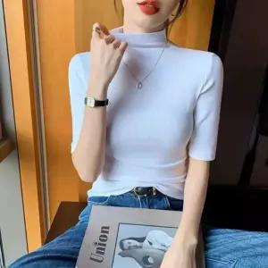 20대 30대 여자 슬림 스타일 기본 무지 반목 팔티레이어드셔츠 여성 여름 카라 반팔 니트
