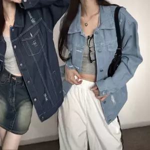 여성 데일리룩 캐주얼 찢청 데님 스타일리쉬 자켓청자켓 여자 반팔 여자숏 가을 크롭 오버핏 트위드 린넨