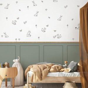 지코 세이지 그린 보육원 벽 장식 세트 - 리얼 우드 트림과 우드랜드 동물 데칼이 있는 캔버스 필 앤 스틱 웨인스코팅 패널 방을 위한 렌터 친화적 (2개 패널)