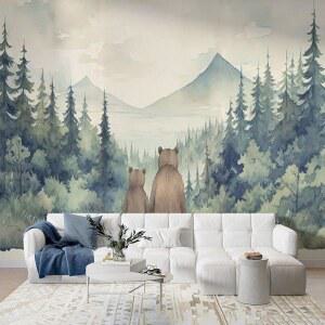 수페스디에프 숲 벽지 필 앤 스틱 그린 마운틴 나무 벽지 벽화 우드랜드 보육원 벽 장식 자가 접착 벽지 자연 곰 벽 데칼 연락처 118.1