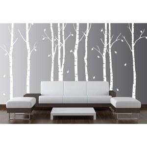 혁신적인 스텐실 자작나무 벽 데칼 보육원 숲 비닐 스티커 탈착식 동물 가지 아트 스텐실 잎 (9그루) #1263 (매트 화이트 96인치(8피트) 높이)