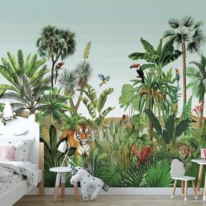 휴버스트 대형 열대 정글 벽화 벽지 필 앤 스틱 139인치 WX110 H 그린 열대 우림 사파리 동물 벽 벽화 아트 방 보육 장식 거실 침실 TV 배경