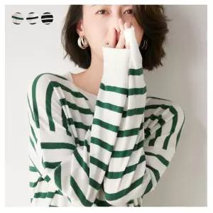 키밍 여성 줄무늬 라운드넥 긴팔 니트 티셔츠 루즈핏 스타일겨울롱슬리브 봄셔츠 여자 기본 패션 여름 슬림