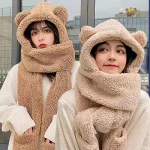 귀여운 털 모자 목도리 장갑 일체형 후드 머플러 후드목도리 목도리후드 후드머플러