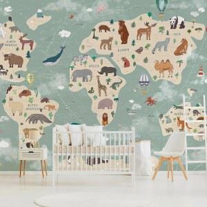 휴버스트 기발한 동물 지도 벽 벽화 133인치 W x 98인치 H 필 앤 스틱 그린 월드 지도 벽지 방 현대 교육용 벽 벽화 유치원용