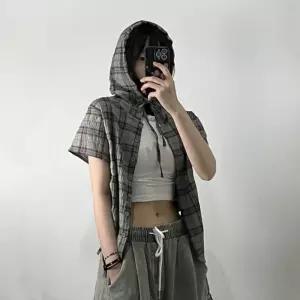 여성 여자 후드 집업 반팔 체크 셔츠 남방 블라우스 셔링 여름 티 3color무늬 스트링 상의 빈지