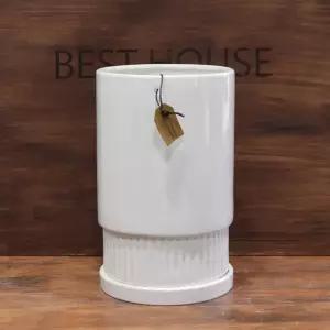 모던 도기화분 하단세로줄 원형 16x22cm 화이트유광 인테리어 소품 정원 꾸미기 도자기장식화분 식물