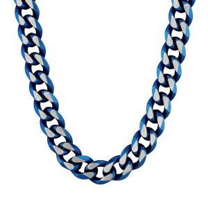 남성용 스테인리스 스틸 쿠바 링크 체인 팔찌 체인 목걸이 - 대담한 블루 마감 - 길이 선택