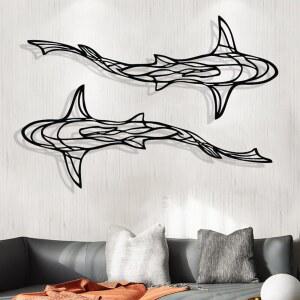 GSPD 대형 3D 금속 상어 벽 장식 상어 라인 벽 예술 금속 벽 예술 장식 금속 상어 조각 바다 물고기 벽 걸이 상어 금속 벽 장식 거실 침실용 아트 벽 장식 (2개(블랙))