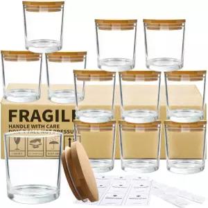 코누 12팩 대나무 뚜껑이 있는 투명 유리 캔들 병 10온스 나무 대형 빈 통 대량 깨끗한 용기 - 식기세척기