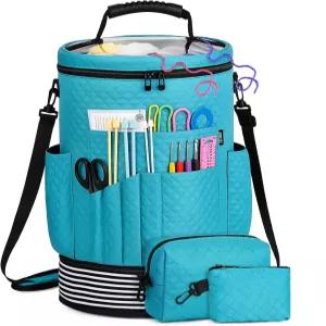 IBFUN 코바늘 뜨개질 가방 3PCS - 후크 바늘 액세서리 조절 가능한 스트랩이 있는 확장 실 보관 정리함