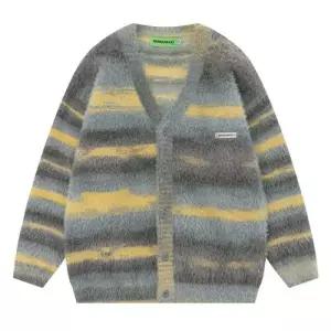 남성용 니트 빈티지 그라데이션 유화 커플 스웨터 스트라이프 스트리트 가디건 코트 브이넥 루즈핏 CH1