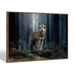 늑대 개 캔버스 월 아트 - 야생 동물 늑대 감시의 눈 그림 숲 자연 장면 아트워크 페인팅과 가정 벽 거실 프레임 포함