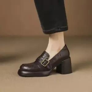 여자 빈티지 토 하이힐 힐 로퍼 통굽 수제화 가죽 신발 펌프스 KS5