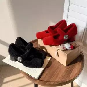 여자 빨강 메리제인 하이힐 통굽 일자 웨딩 신발 슈즈 퍼 힐 기모 KS5