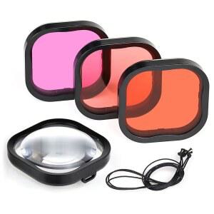 GEPULY 고프로히어로호환 8 9 10 11 12 13 블랙 공식 방수 하우징 케이스용 4팩 수중 다이빙 필터 레드 라이트 마젠타 5배 클로즈업 필터로 색상 보정 기능이 있습니다